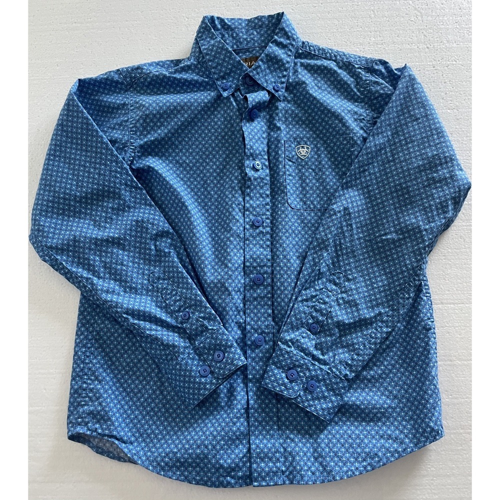 Boys ARIAT Blue Long Sleeve Button Down cowboy Rodeo Western Shirt Sz SMALL